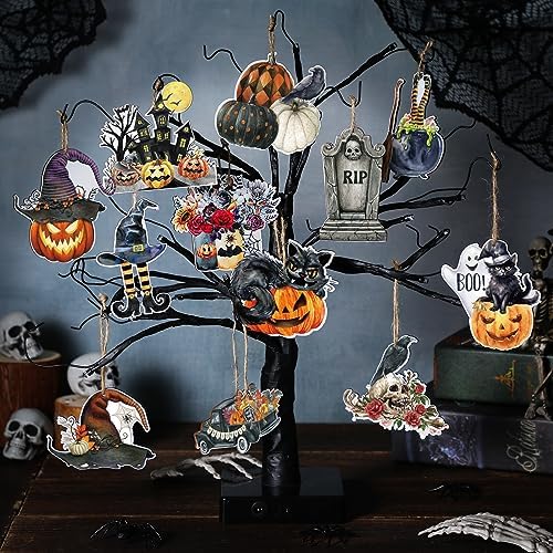 Huwena 36 Pcs Halloween Wood Ornament Set
