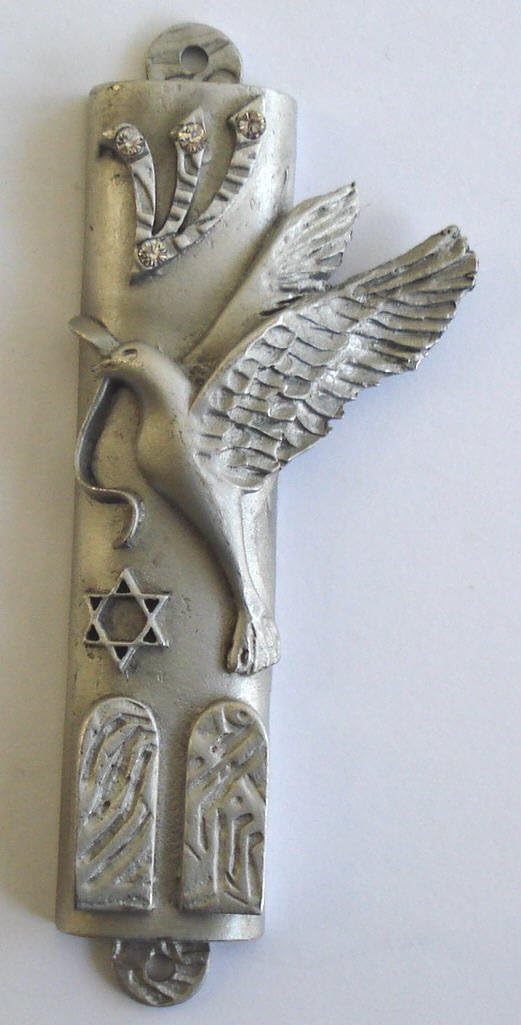 Pewter Mezuzah Peace Dove with Crystal and Scroll