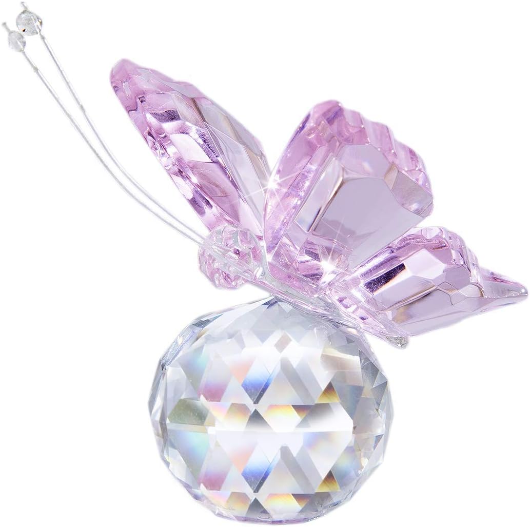 HD Pink Crystal Butterfly Figurine with Crystal Ball Base and Hippopotamus Collectibles