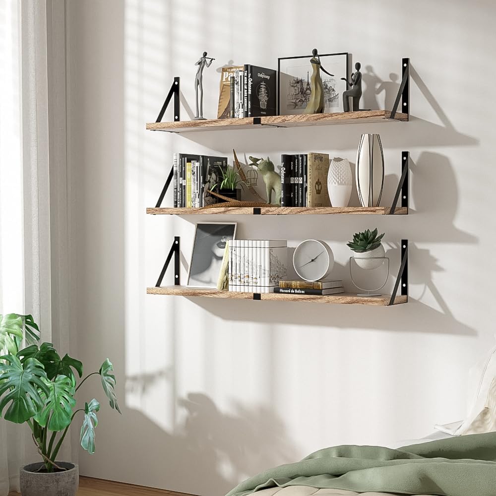 Senyh Floating Book Shelves Set of 3 33 Inch Long Wood Wall Shelf