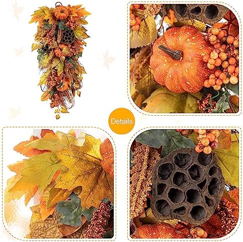 Glitzhome 2Pcs Fall Pumpkin Leaf Swag with Grapevine Base