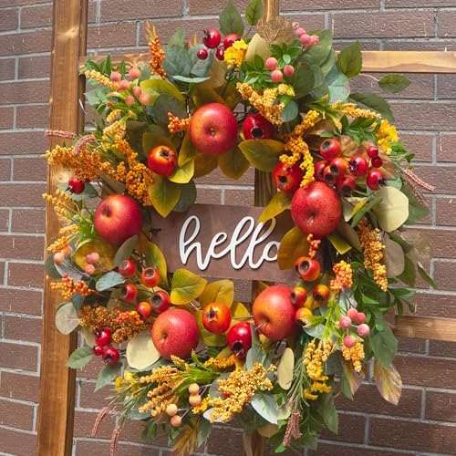 24 Inch Fall Wreath with Apples and Wooden Hello Sign
