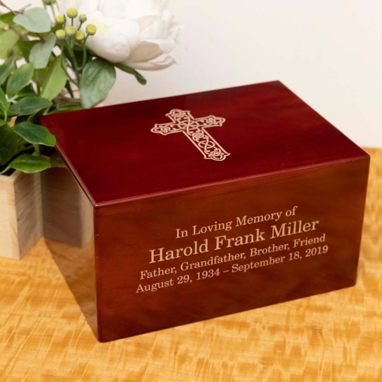 Custom Engraved Rosewood Cremation Urn with Religious Cross Design