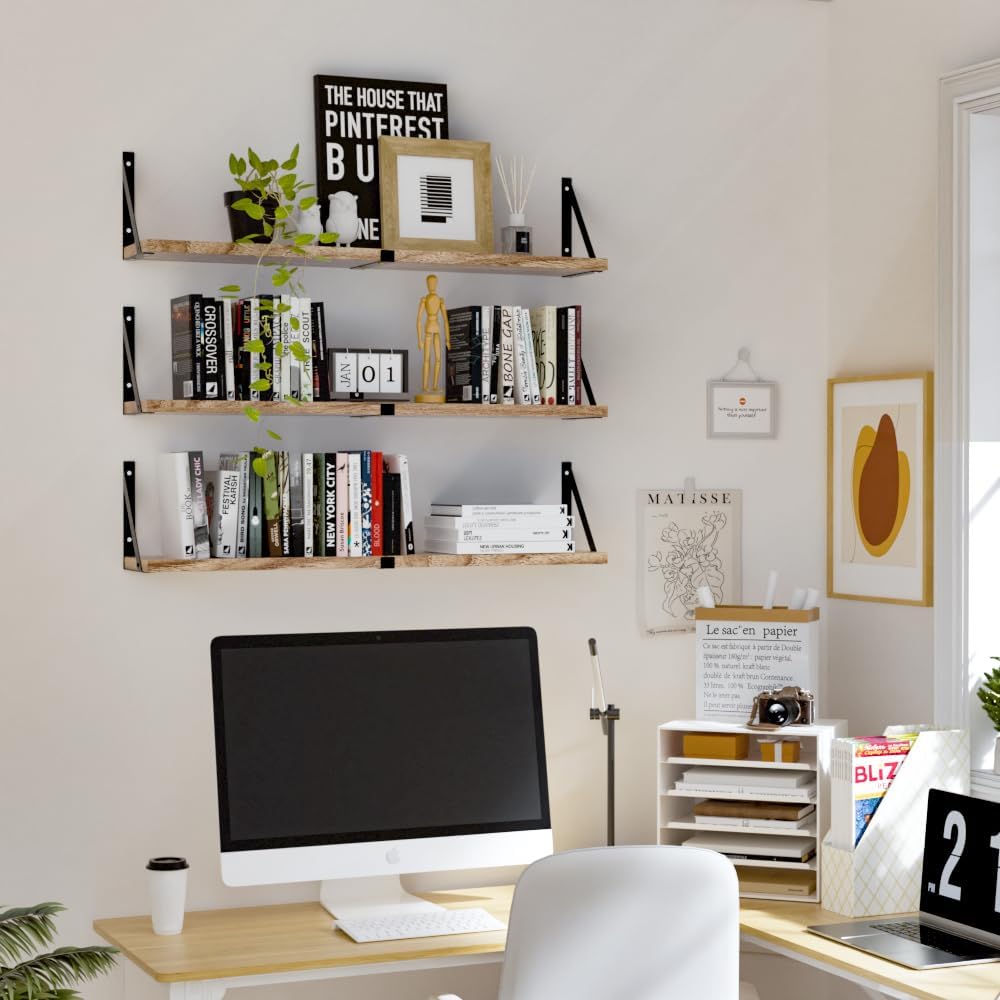 Senyh Floating Book Shelves Set of 3 33 Inch Long Wood Wall Shelf