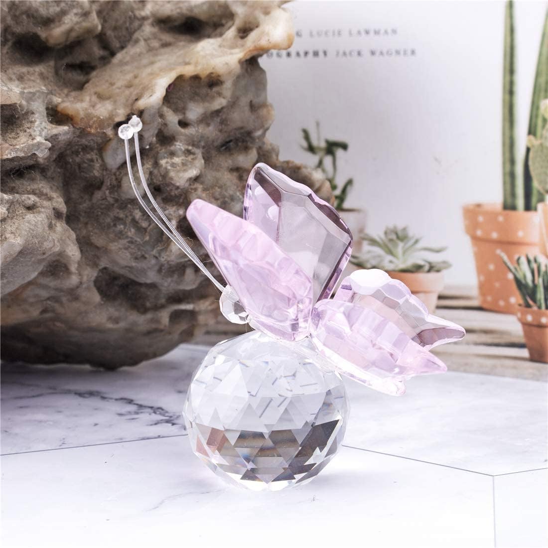 HD Pink Crystal Butterfly Figurine with Crystal Ball Base and Hippopotamus Collectibles
