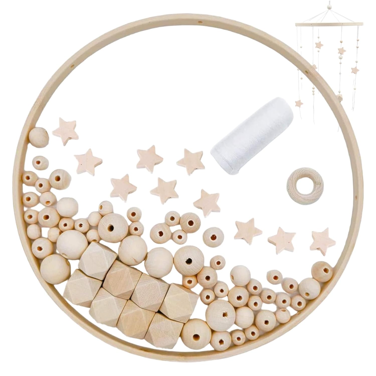 DIY Wooden Baby Crib Mobile Set with Bamboo Rings and Beads