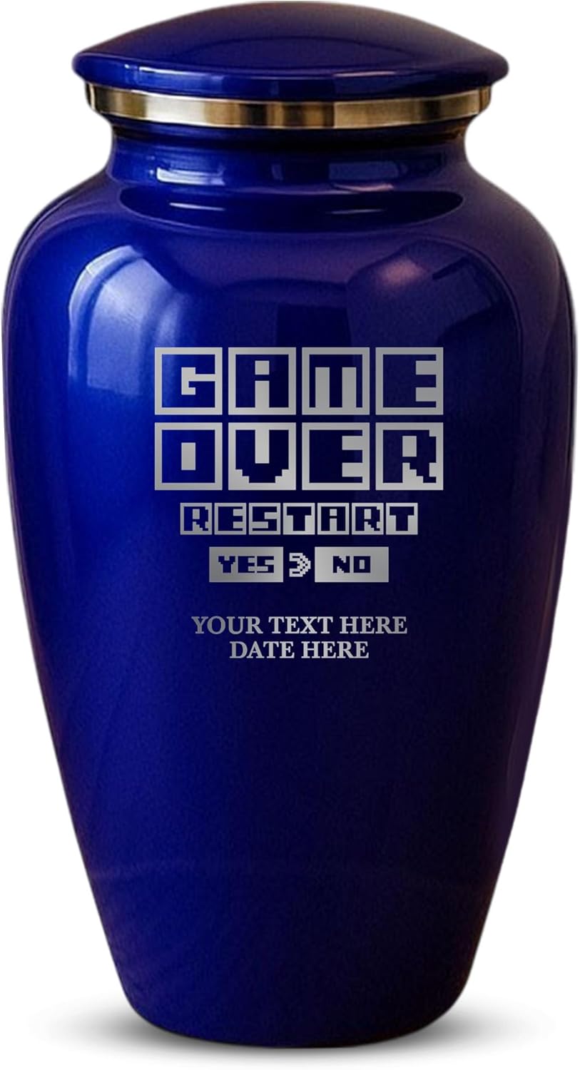 Custom Cremation Urn Metal Vessel Game Over Design Purple