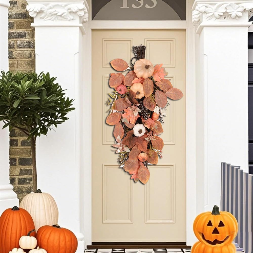 Artificial Fall Teardrop Wreath 26 Inch Seasonal Decor