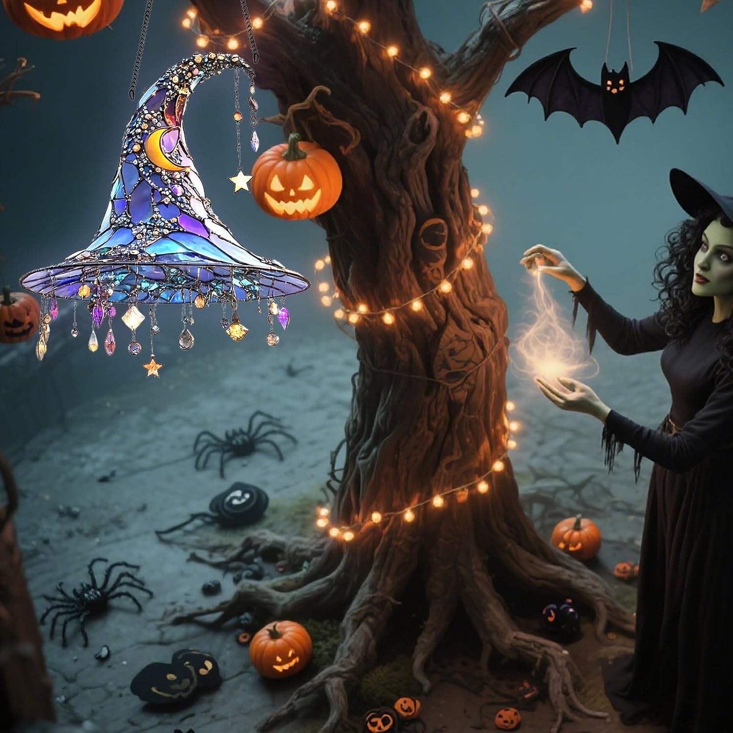 Halloween Witch Hat Hanging Ornament - Sparkling Stained Glass Effect
