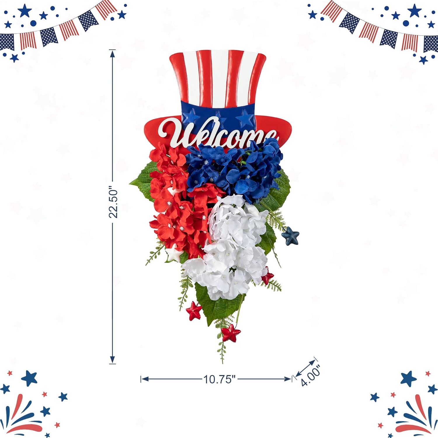 Glitzhome 22 Inch Patriotic Top Hat Hydrangea Wall Decor