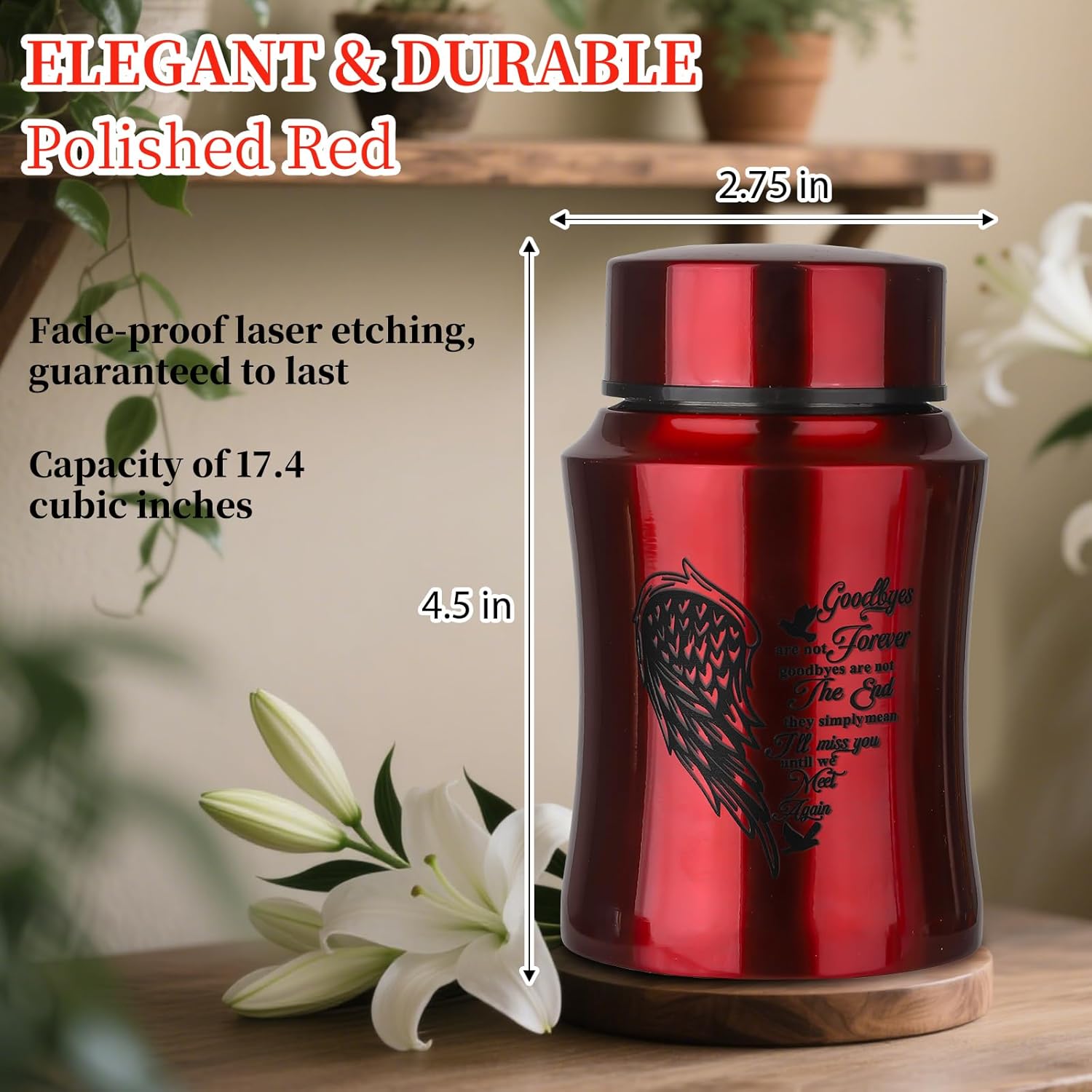 45 Inches Medium Urn for Human Ashes - Red Heart Angel Wings Design