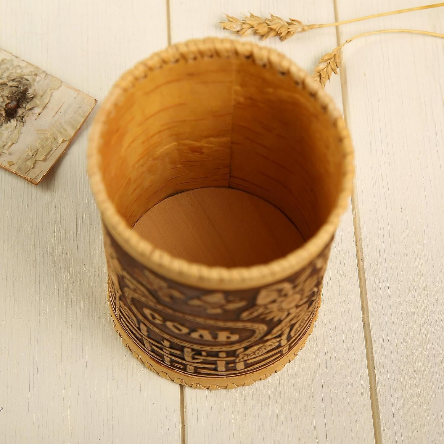 Handmade Birch Bark Salt Container with Floral Design