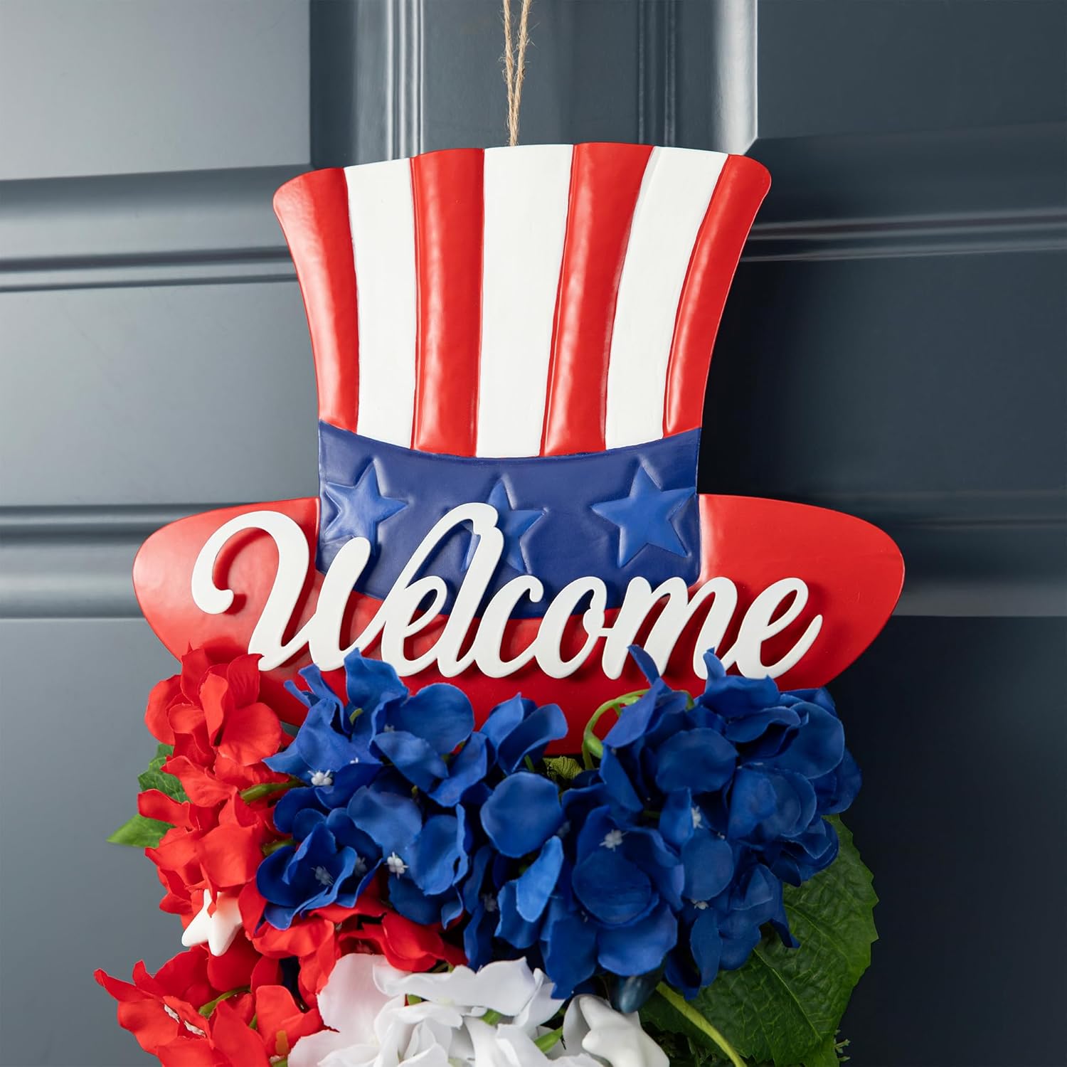 Glitzhome 22 Inch Patriotic Top Hat Hydrangea Wall Decor