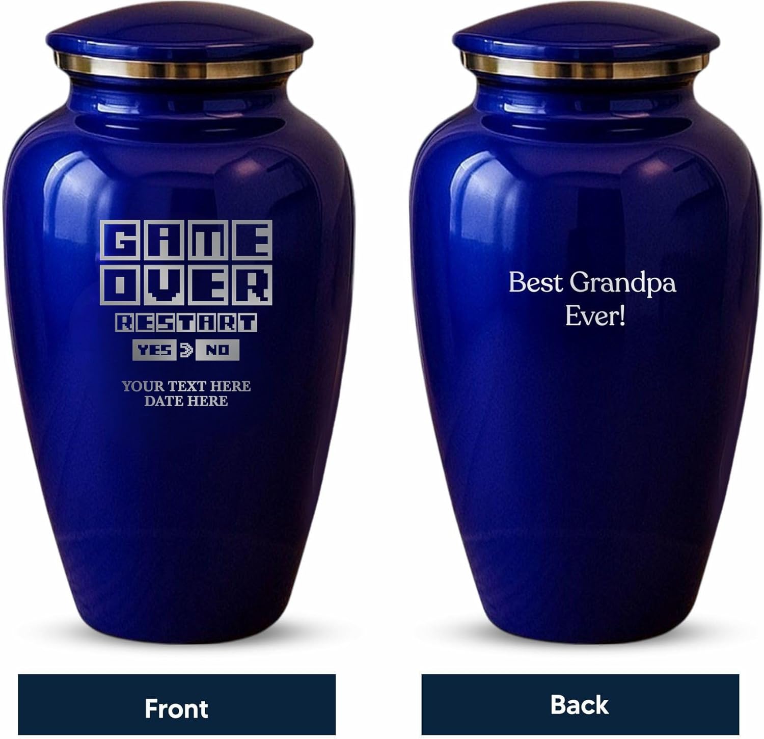 Custom Cremation Urn Metal Vessel Game Over Design Purple
