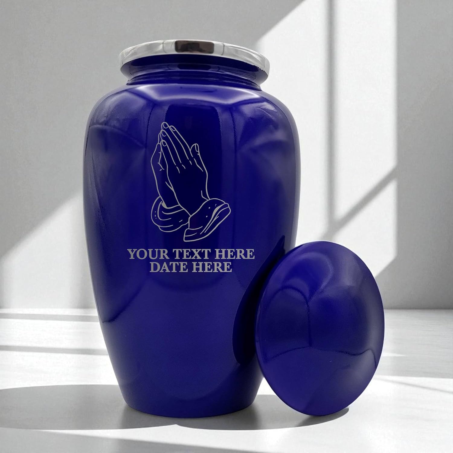 Custom Cremation Urn with Praying Hands Design Purple