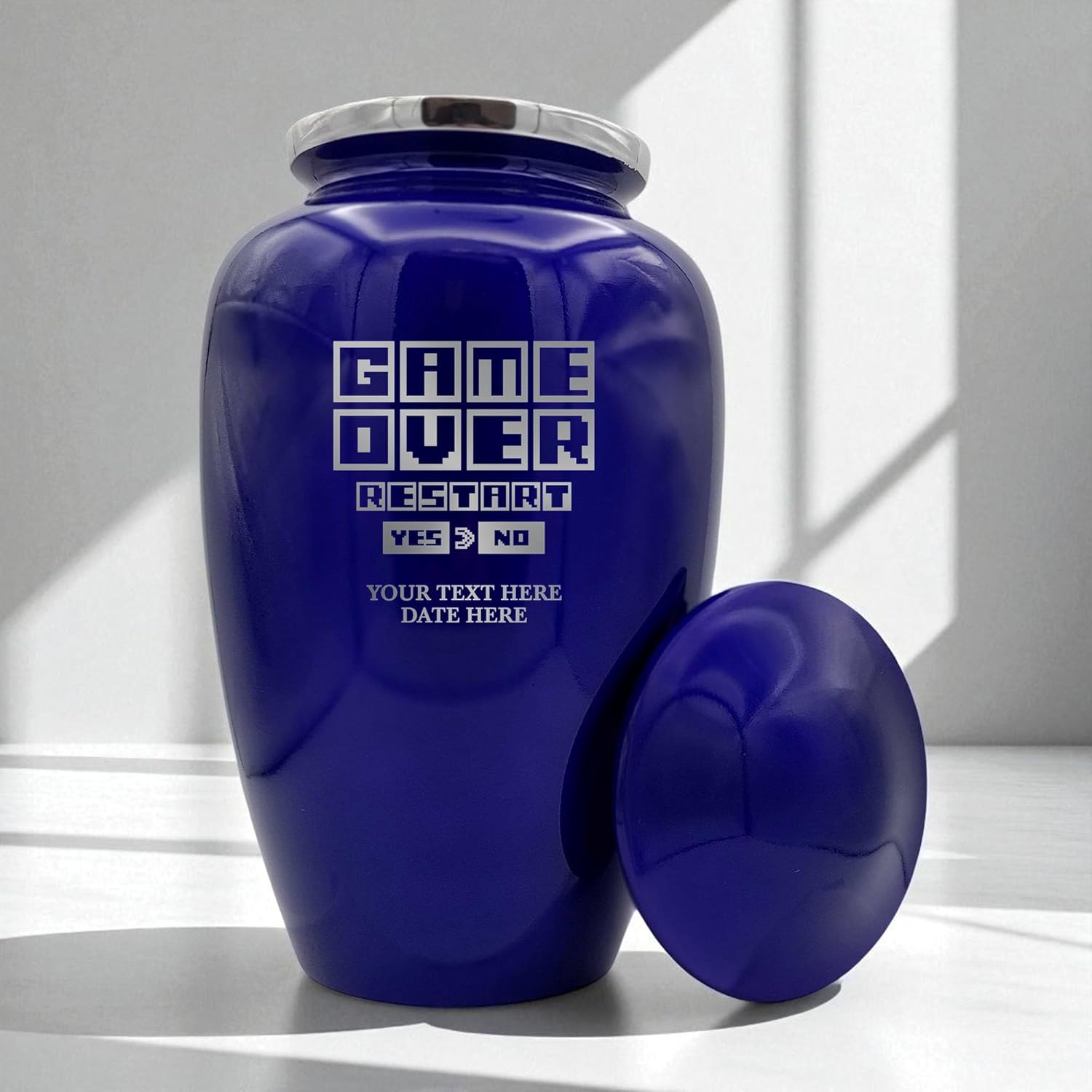 Custom Cremation Urn Metal Vessel Game Over Design Purple