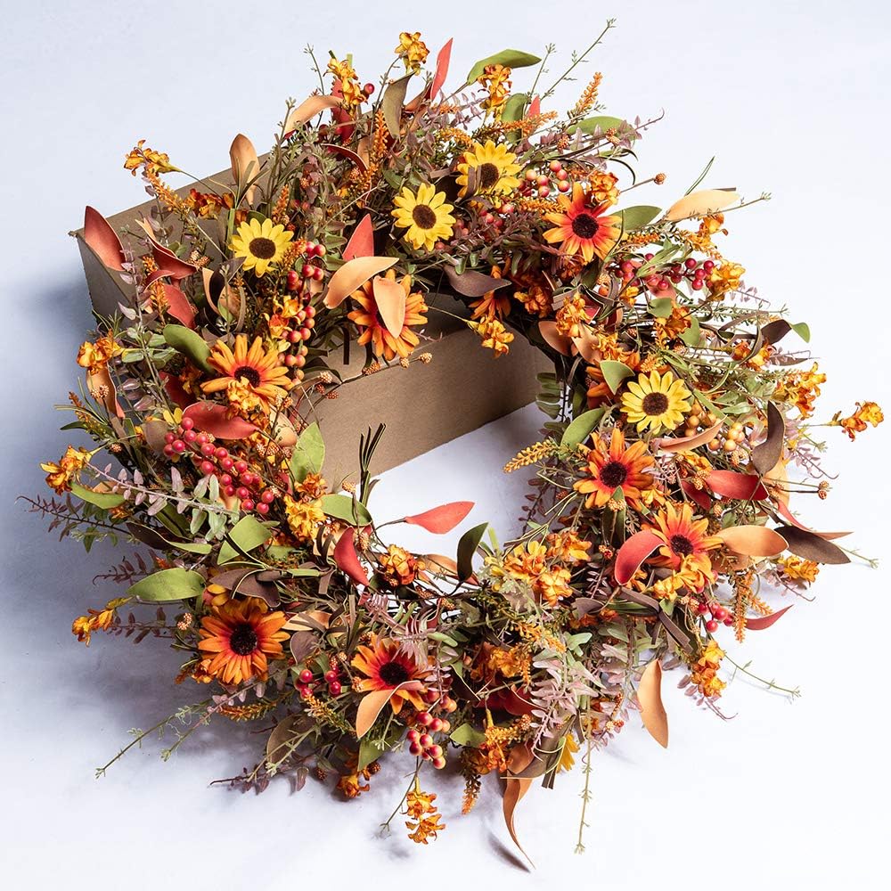 24 Inch Artificial Fall Wreath for Front Door
