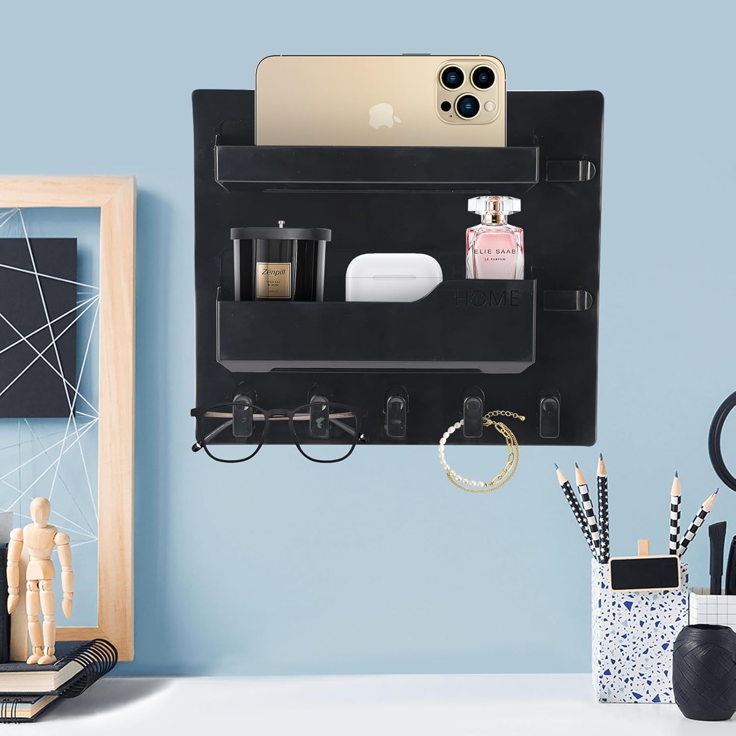 Meaocer Bedside Shelf Wall Mount Organizer - 5 Hooks Black Style