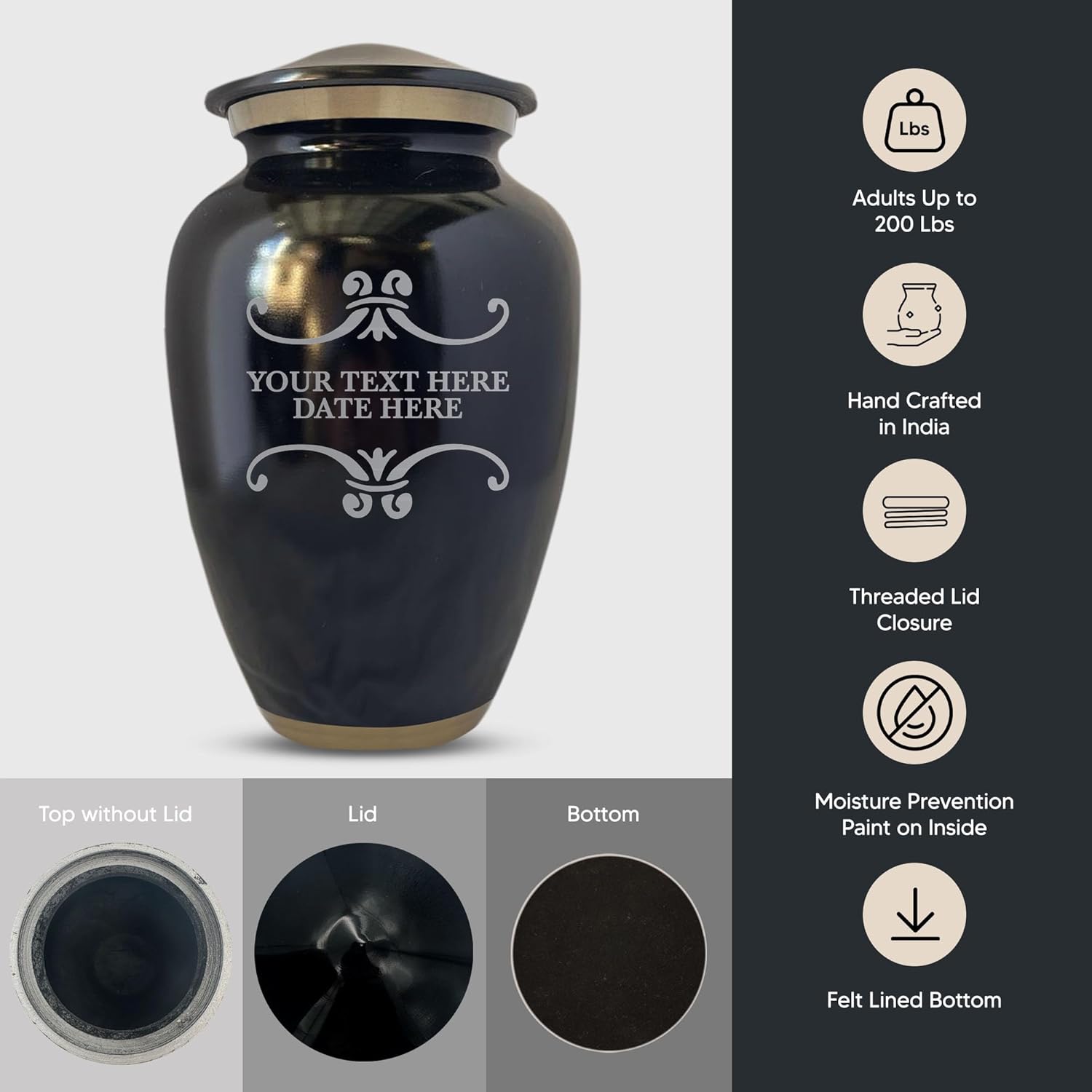 Custom Large Adult Cremation Urn with Gold Rim and Personalized Frame