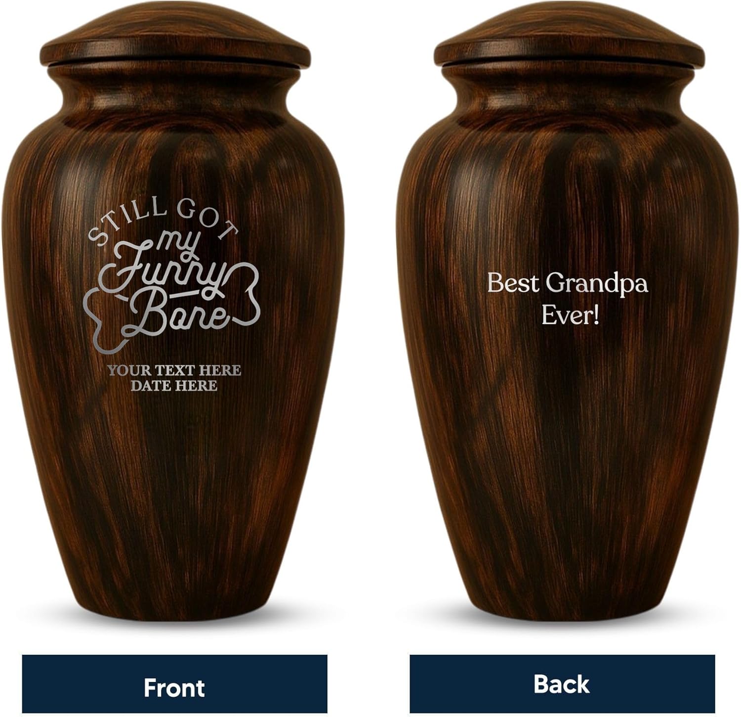 Funny Cremation Urn with Painted Wood Finish and Aluminum Build