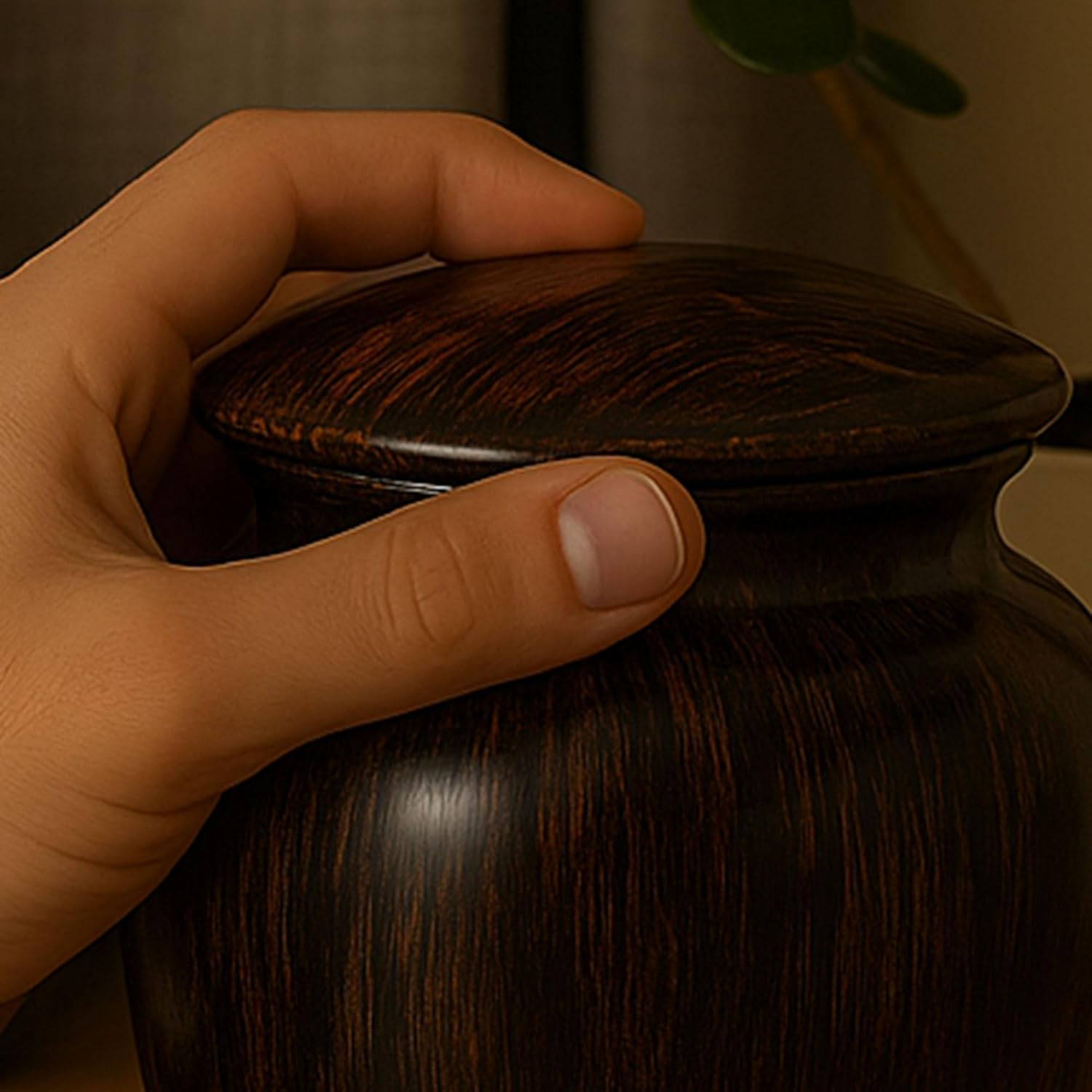 Funny Cremation Urn with Painted Wood Finish and Aluminum Build