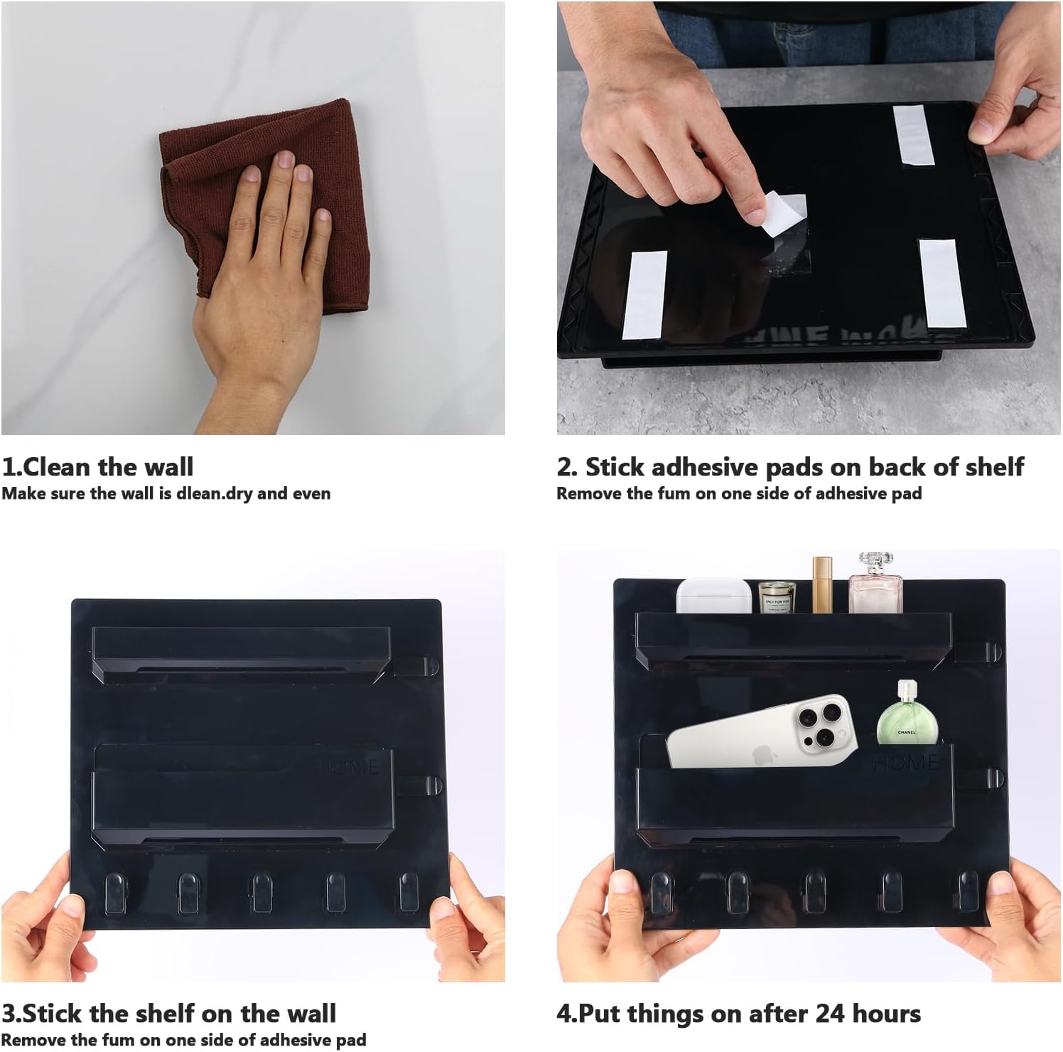 Meaocer Bedside Shelf Wall Mount Organizer - 5 Hooks Black Style