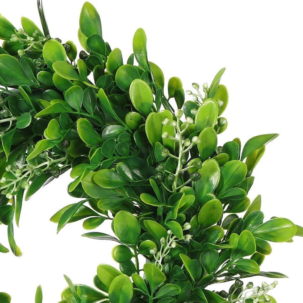 LSKYTOP 2 Pcs Artificial Boxwood Wreath with White Flowers