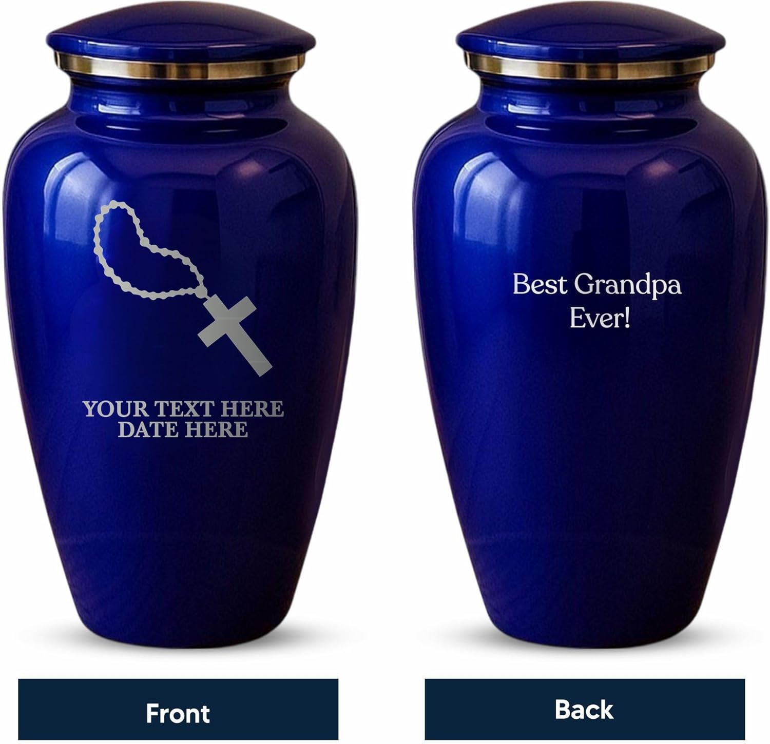 Custom Purple Metal Cremation Urn with Rosary Design