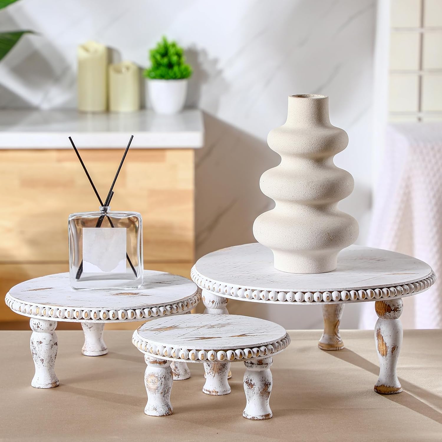Thyle Rustic Round Wood Tray Riser Set of 3 White