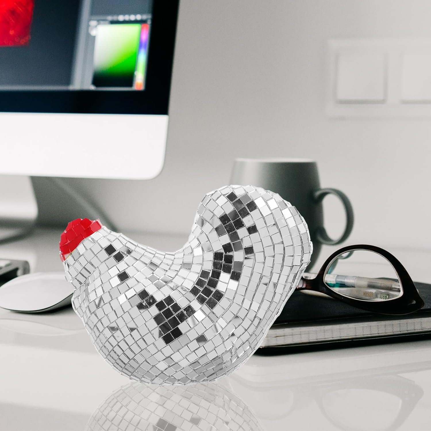LUOZZY Mirror Ball Chicken Figurine Silver