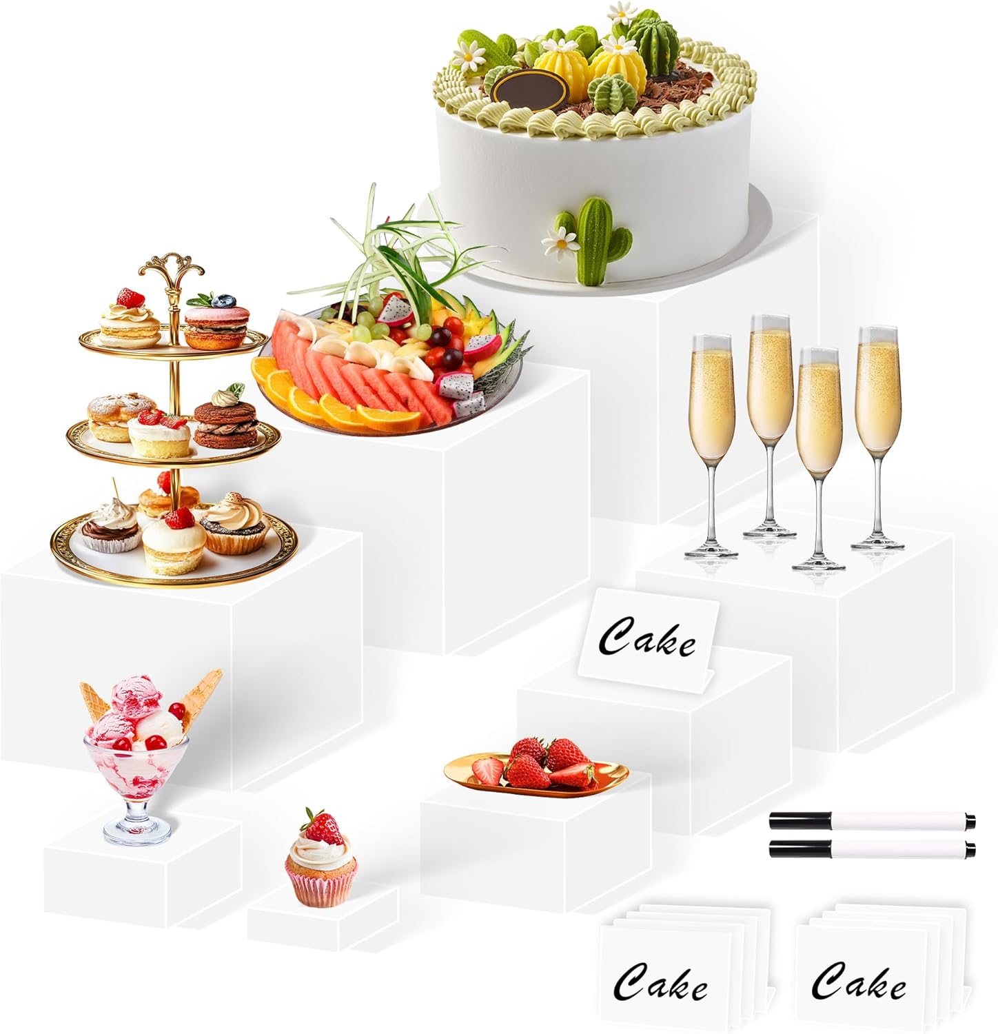 8 Acrylic Cube Display Risers with Hollow Bottoms for Buffet Tables