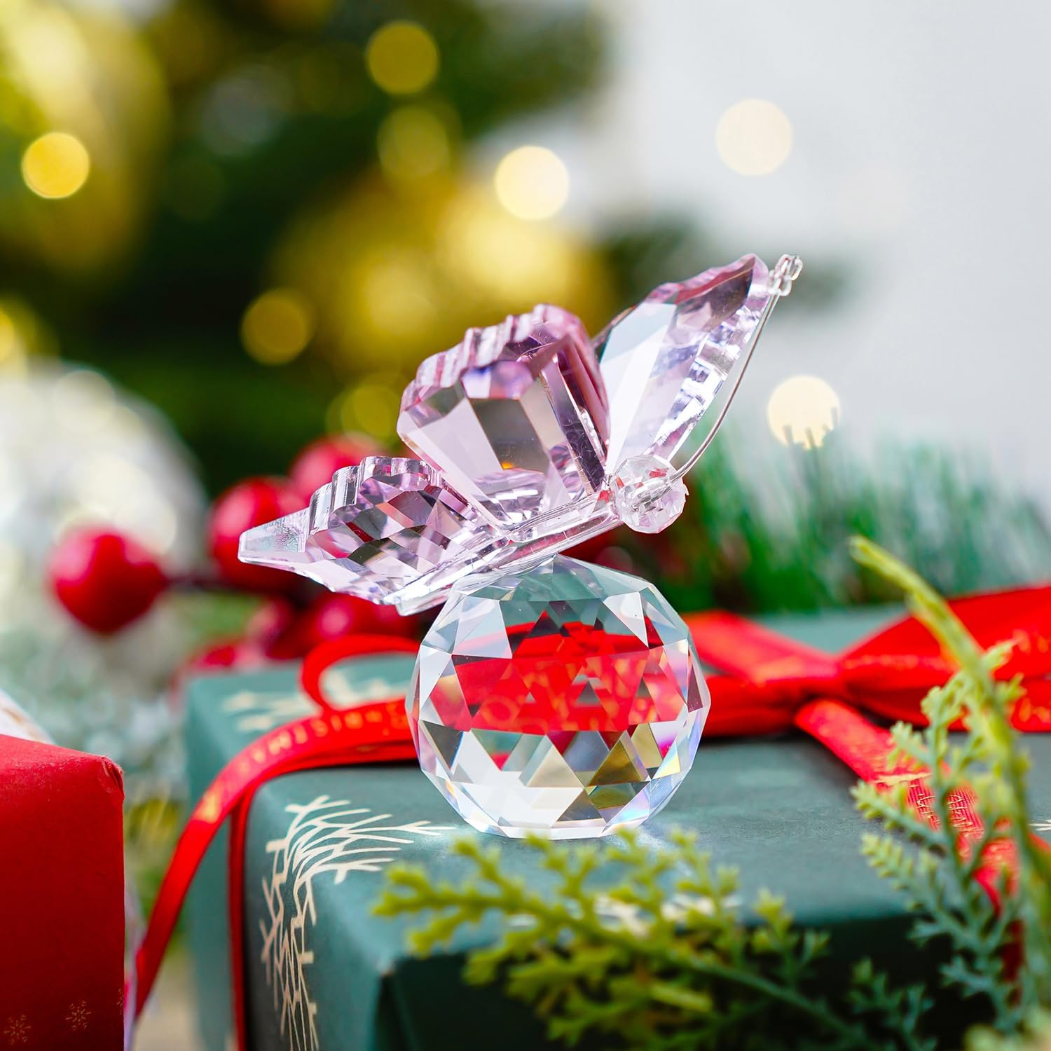 HD Pink Crystal Butterfly Figurine with Crystal Ball Base and Hippopotamus Collectibles