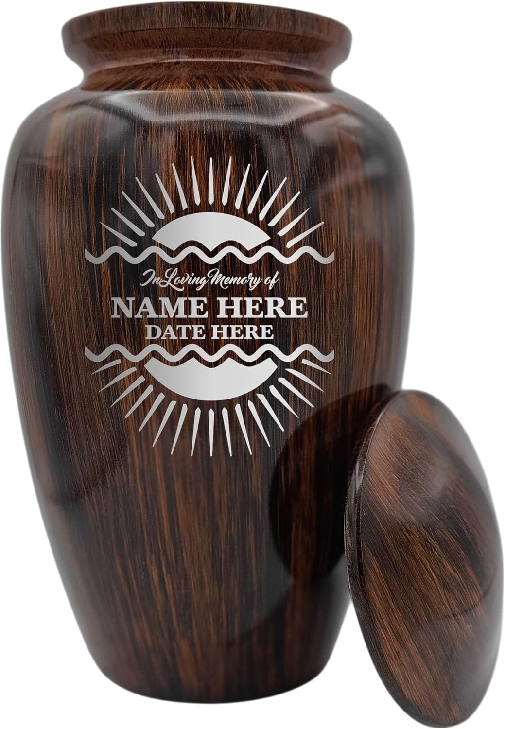 Custom Metal Urn with Painted Wood Finish and Sunbeam Design