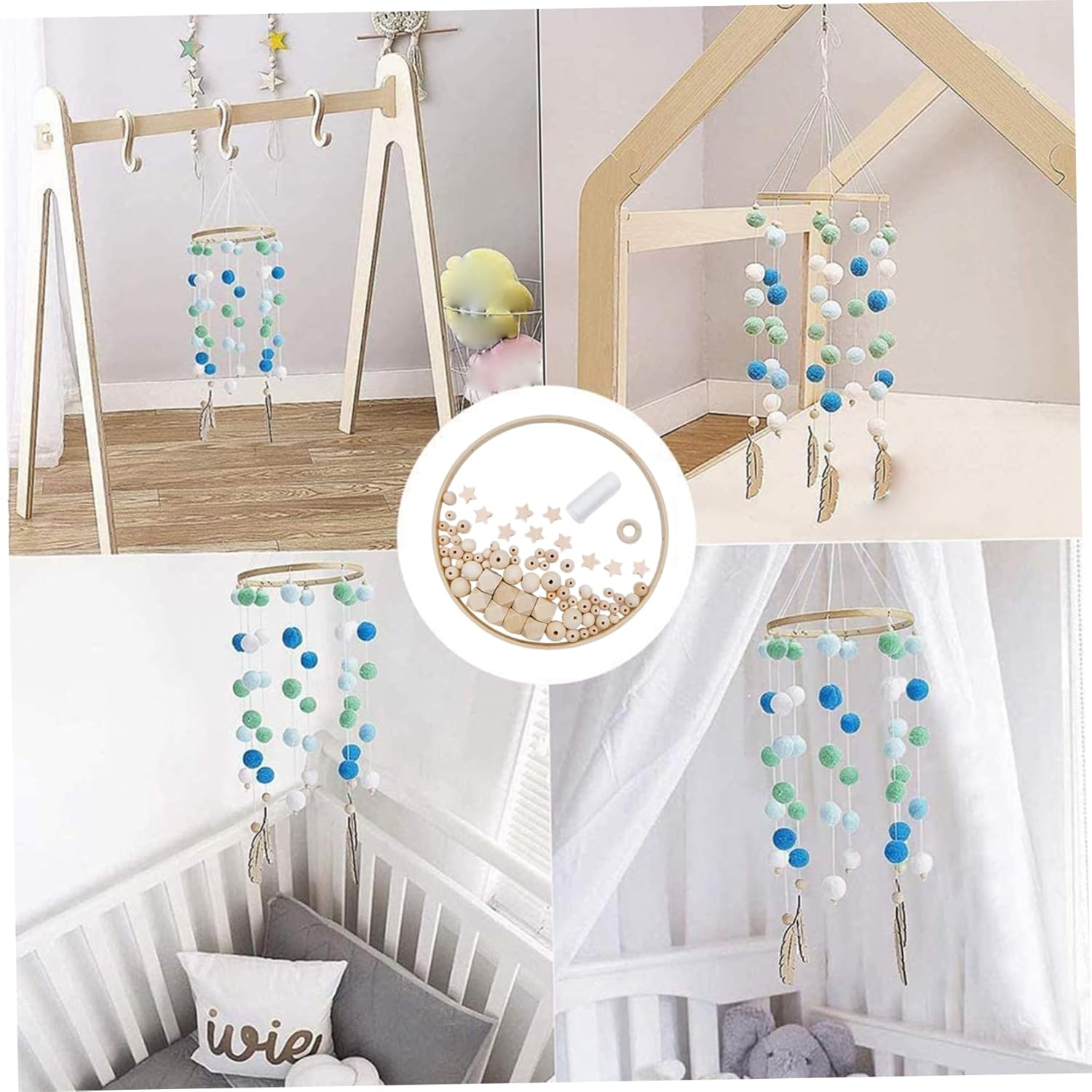 DIY Wooden Baby Crib Mobile Set with Bamboo Rings and Beads
