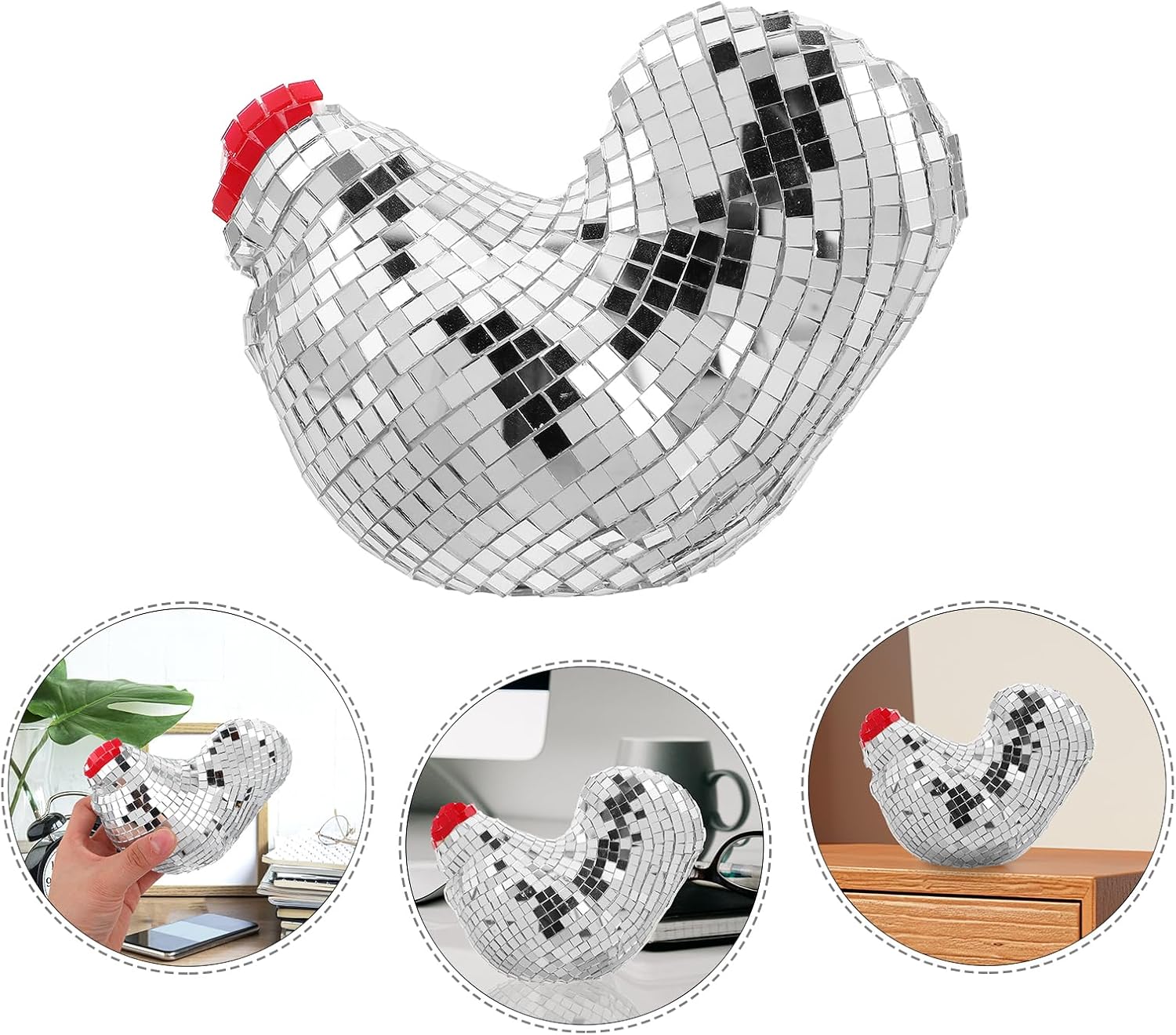 LUOZZY Mirror Ball Chicken Figurine Silver