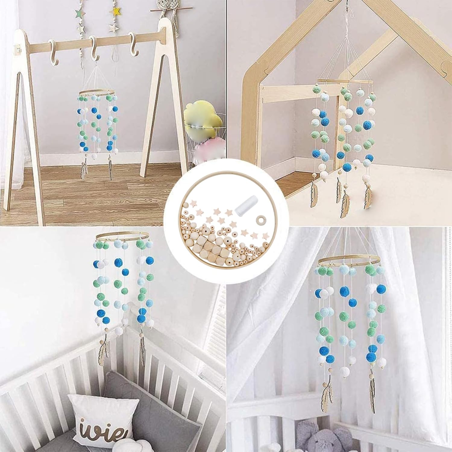 Wooden Baby Mobile Set with Bamboo Rings and Beads