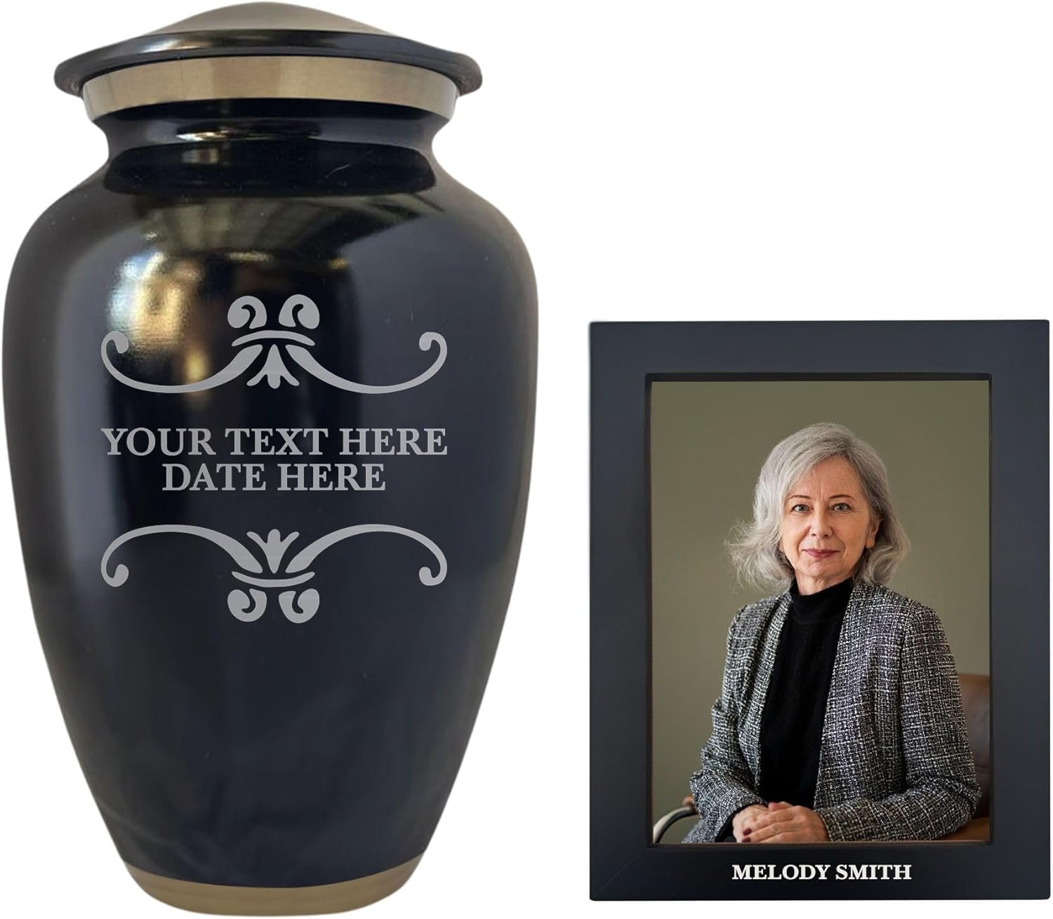 Custom Large Adult Cremation Urn with Gold Rim and Personalized Frame