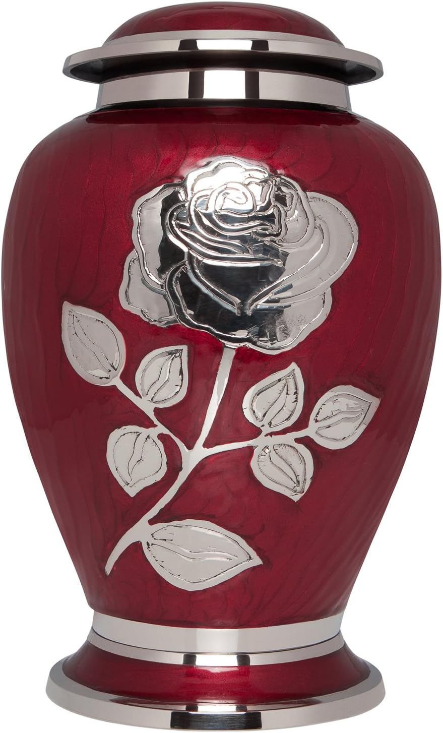 Silver Rose Cremation Urn - Brass Funeral Urn with Red Enamel
