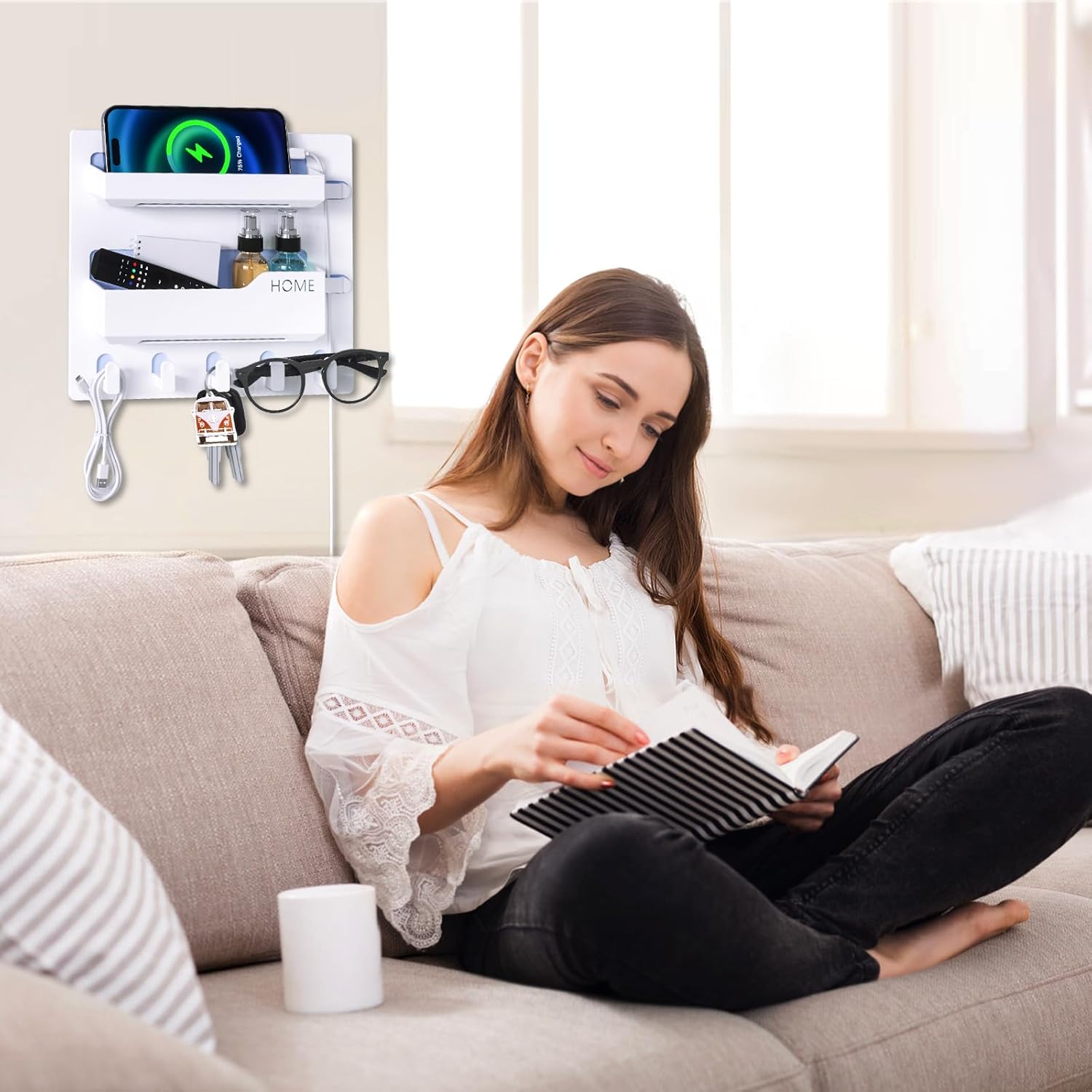 Bedside Shelf Wall Mount Organizer with Hooks and Cable Clips