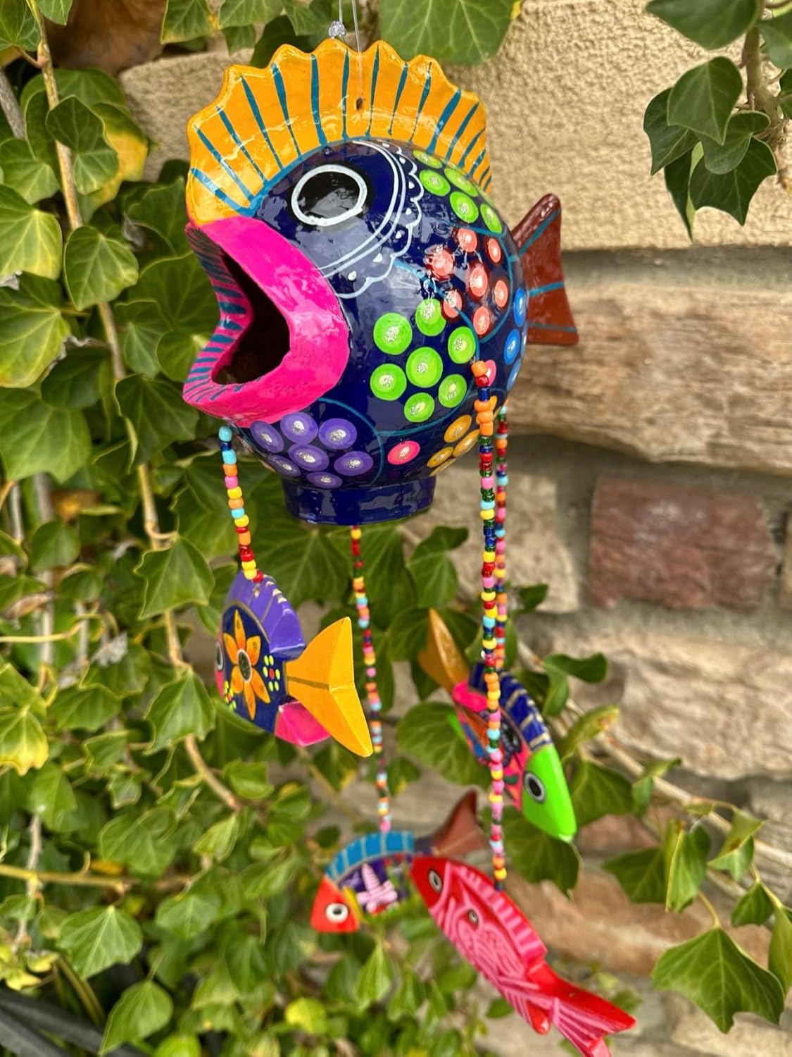 Handmade Mexican Pottery Fish Mobile - 6x6 Inches with 15-Inch Dangling Fish