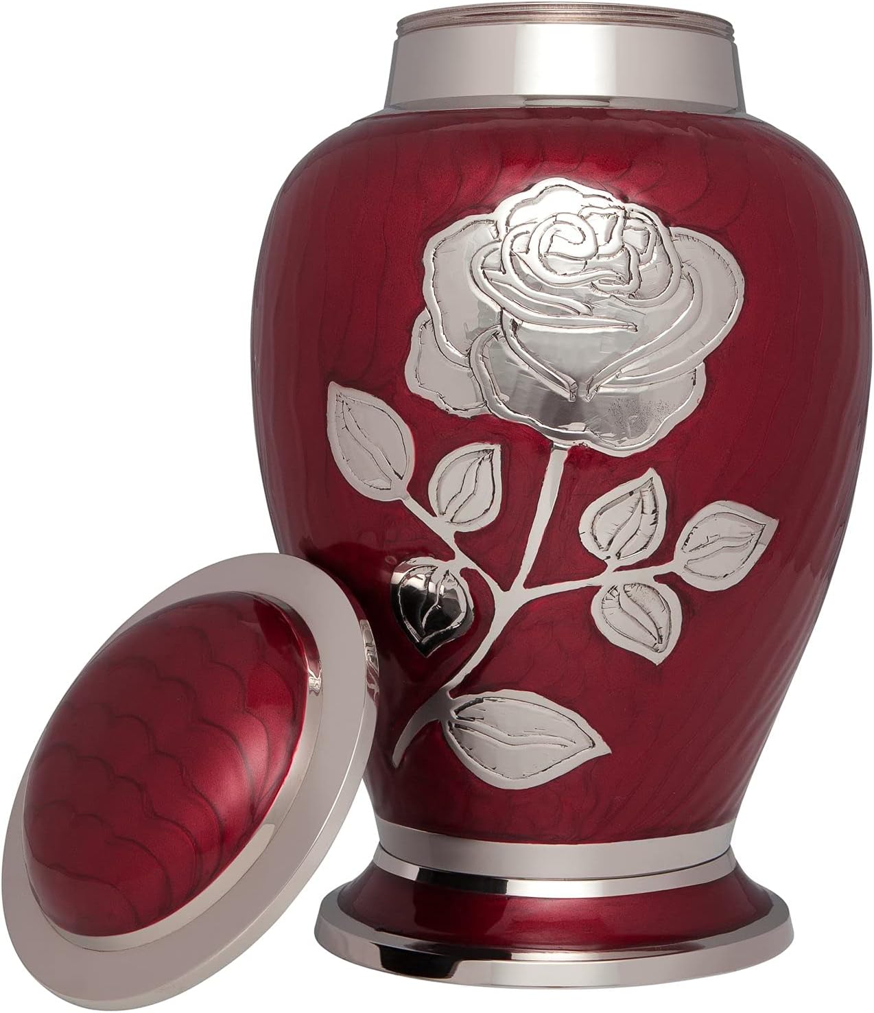 Silver Rose Cremation Urn - Brass Funeral Urn with Red Enamel