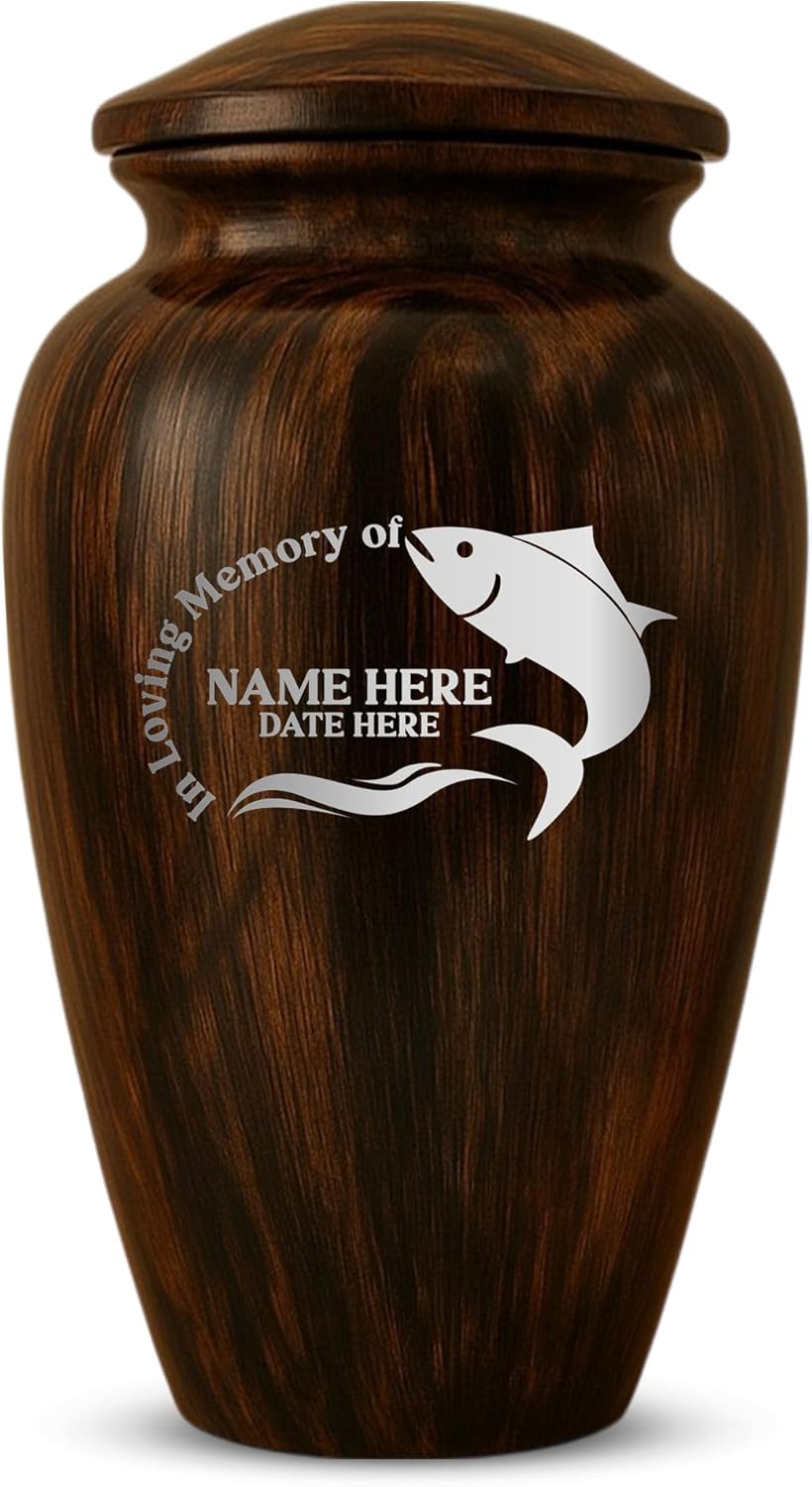 Custom Cremation Urn with Painted Wood Finish and Funny Fishing Design