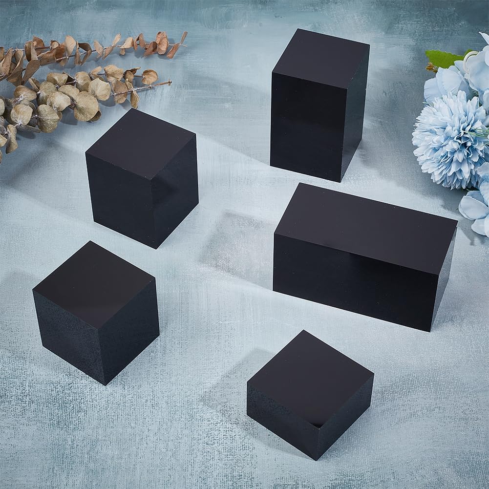 BENECREAT 5pcs Black Acrylic Cube Display Blocks with Different Heights