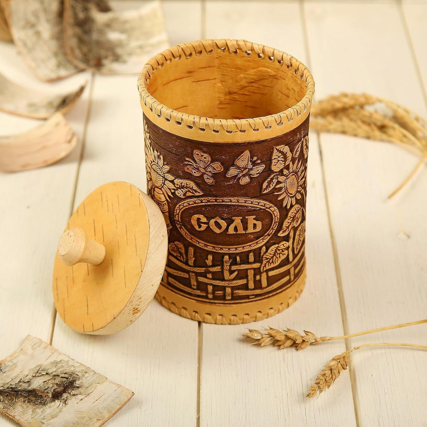 Handmade Birch Bark Salt Container with Floral Design