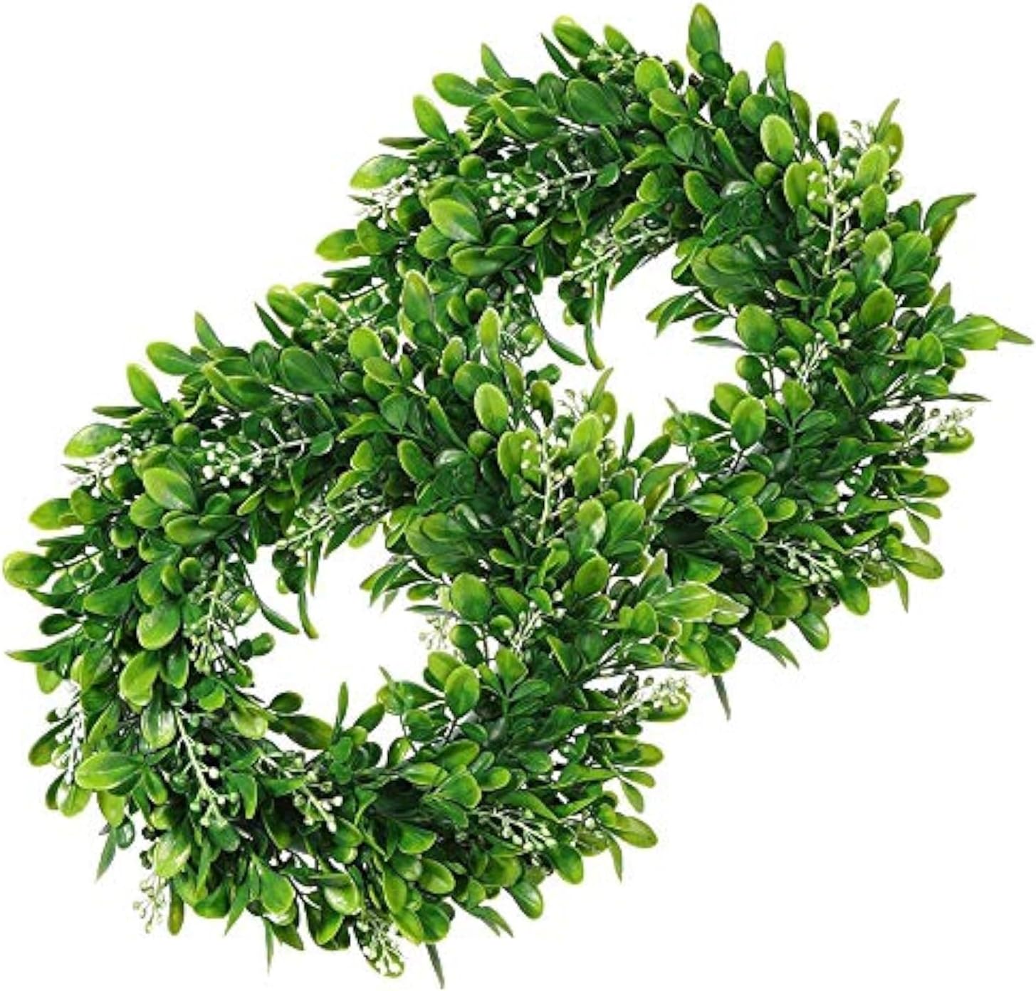 LSKYTOP 2 Pcs Artificial Boxwood Wreath with White Flowers