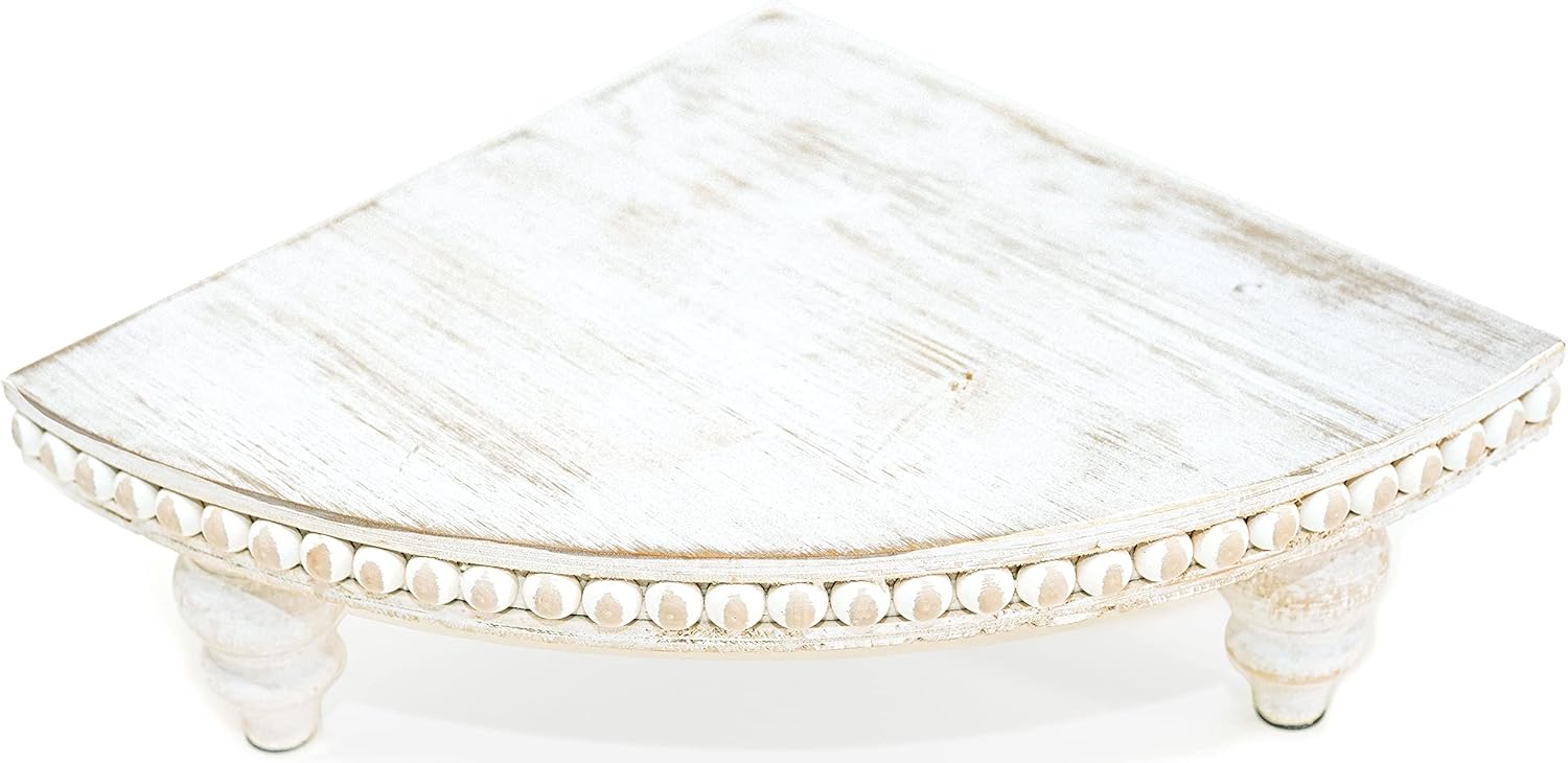 Corner Pedestal Stand with Beaded White Wood Design