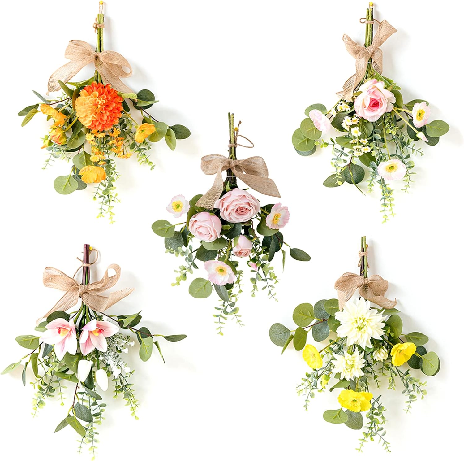 17 Inch Artificial Teardrop Wreath with Flowers and Eucalyptus Leaves