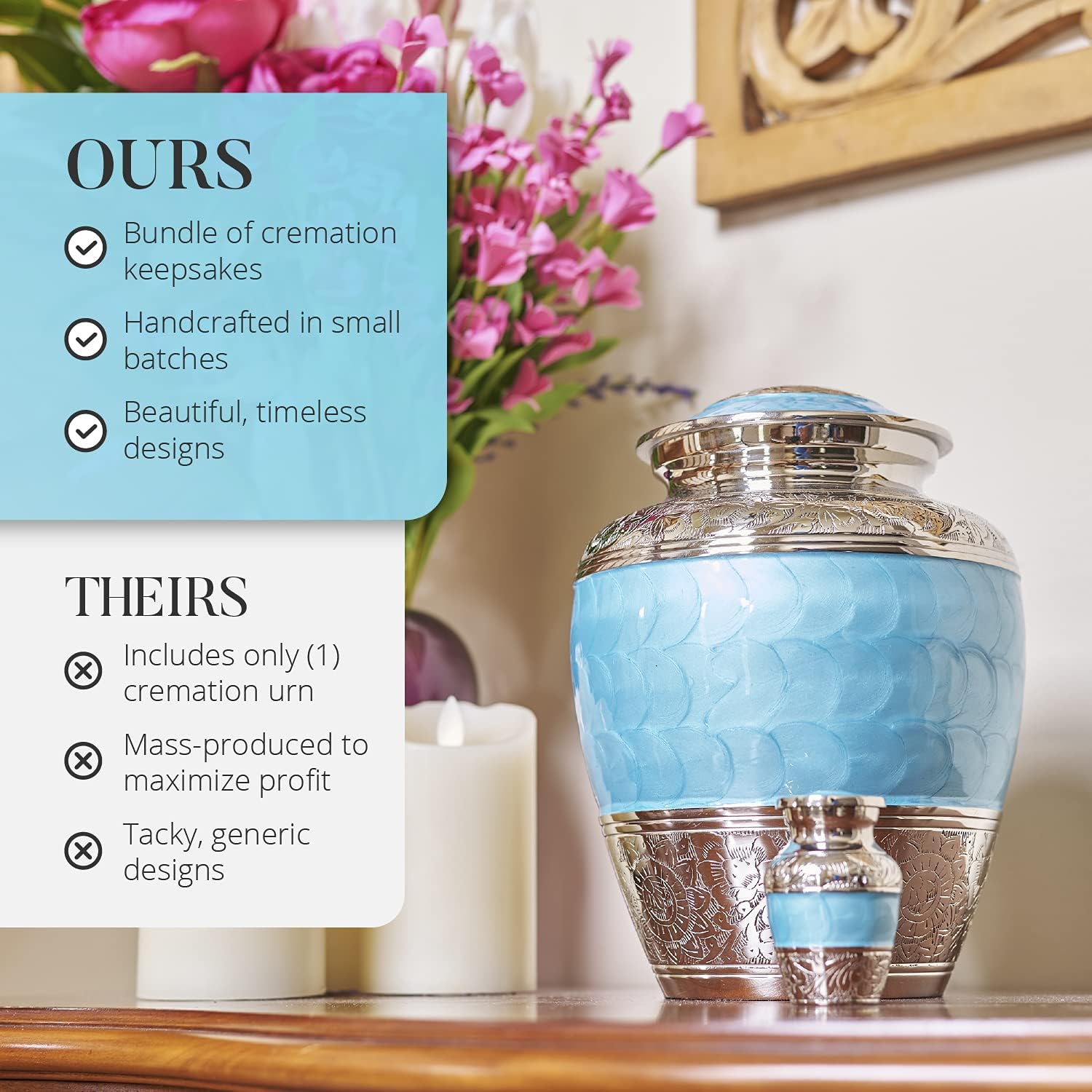 Light Blue Urns for Human Ashes - Handcrafted with Cremation Necklace