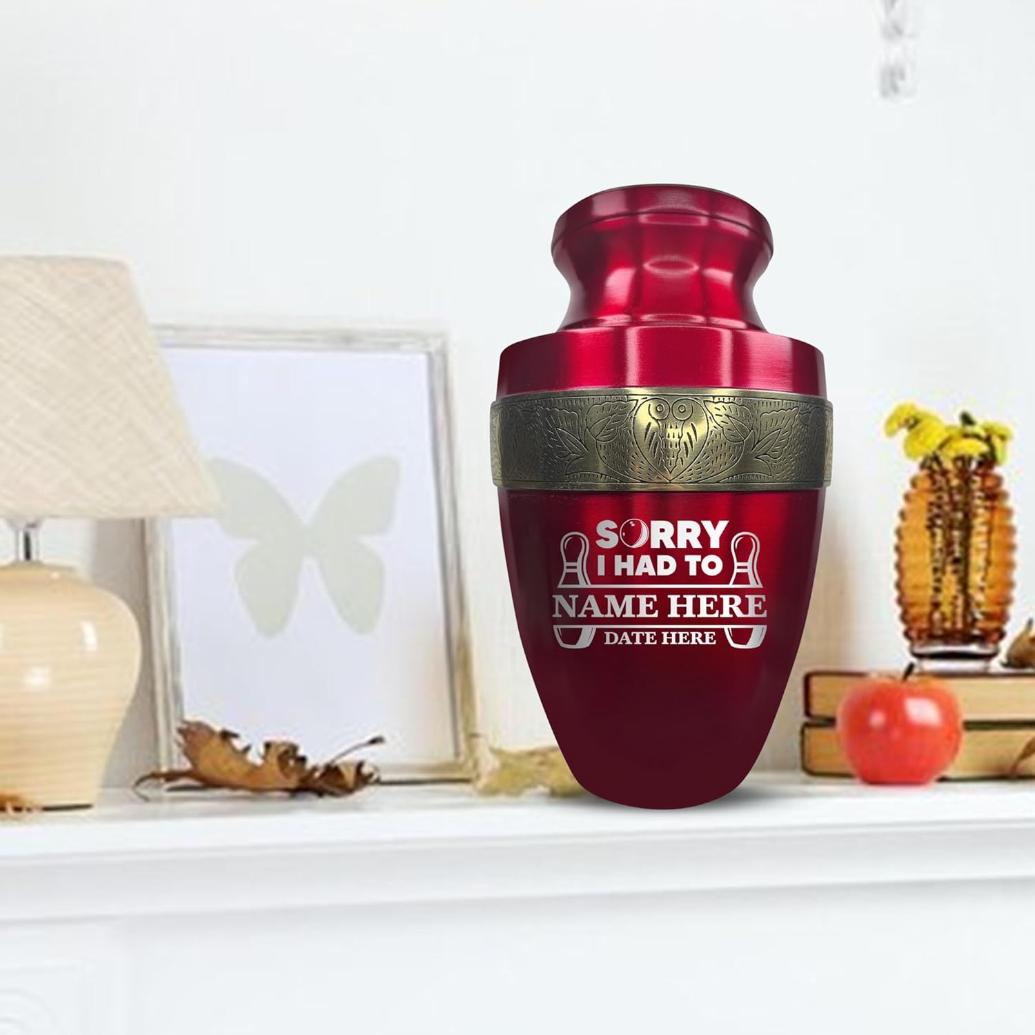 Elite Funny Bowling Urn with Custom Engraving Gold Rim 200 Lbs Capacity Red