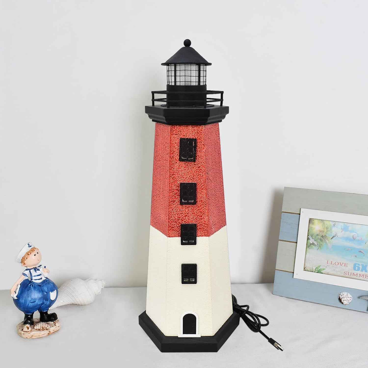 Morning View Lighthouse Decor 1625 Red Wooden Nautical Figurine